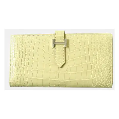 Hermes Alligator Bearn Long Wallet Silver Leather