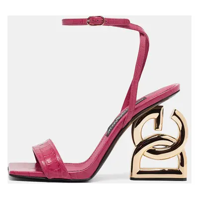 Dolce & Gabbana Pink Croc Embossed Leather Ankle Strap Sandals Size