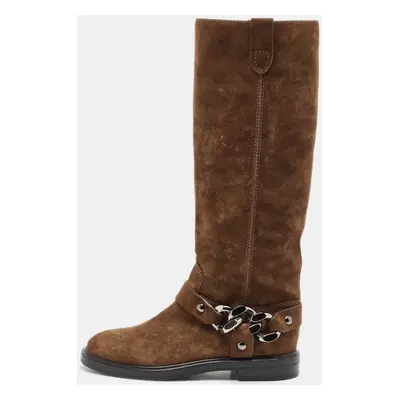 Casadei Brown Suede Chain Detail Knee Length Boots Size