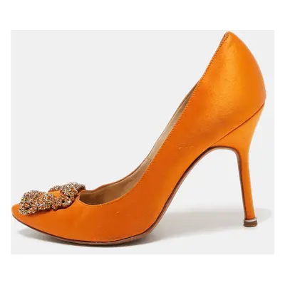 Manolo Blahnik Orange Satin Hangisi Crystal Embellished Pumps Size 36.5