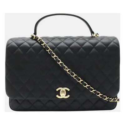 Chanel Black Leather Lambskin Top Handle Matelasse Coco Mark Handbag