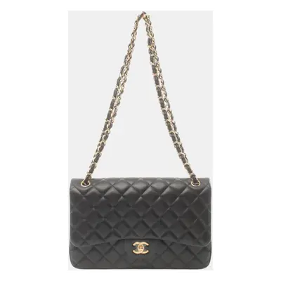 Chanel Black Lambskin Deca Matelasse Classic Large W-Flap Shoulder Bag