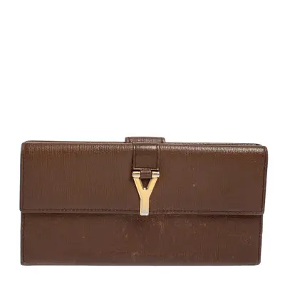 Yves Saint Laurent Brown Leather Y Ligne Flap Continental Wallet