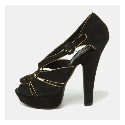 Dolce & Gabbana Black/Gold Suede Strappy Platform Sandals Size