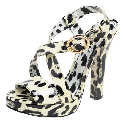 Dolce & Gabbana Cream/Black Patent Leather Leopard Print Ankle Strap Platform Sandals Size