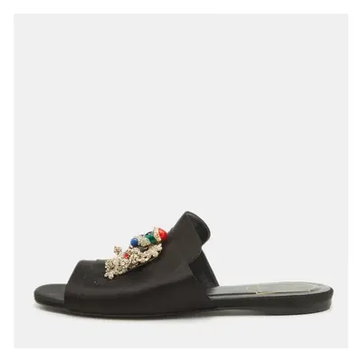 Roger Vivier Black Satin Crystal Embellished Flat Slides Size