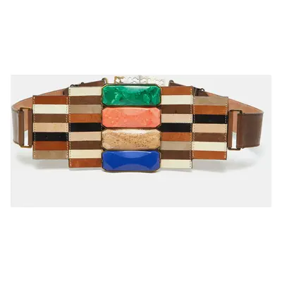 Fendi Brown Leather Mosaic Lapis Statement Belt