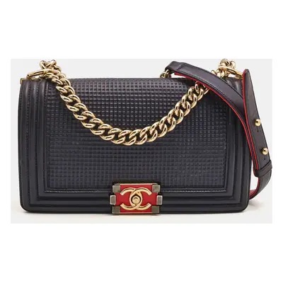 Chanel Navy Blue Cube Embossed Leather Medium Boy Flap Bag