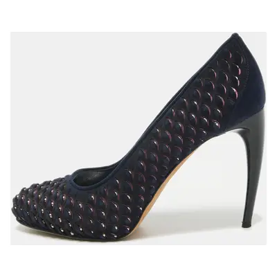 Alexander McQueen Navy Blue/Pink Laser Cut Suede and Studded Satin Round Toe Pumps Size 37.5