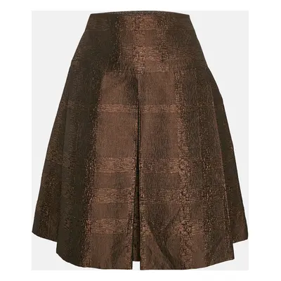 Burberry London Metallic Brown Tartan Checks Jacquard Pleated Knee-Length Skirt