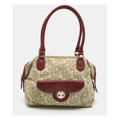 DKNY Red/Beige Monogram Canvas and Leather Turnlock Pocket Satchel