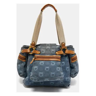 Salvatore Ferragamo Blue Gancini Print Denim and Leather Multiple Pocket Shoulder Bag