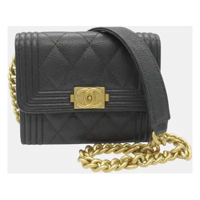 Chanel Leather Grained Calfskin Black Boy Chanel Chain Compact Wallet Shoulder Bag