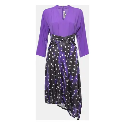 Diane Von Furstenberg Purple Printed Jersey & Crepe Long Sleeve Asymmetrical Midi Dress