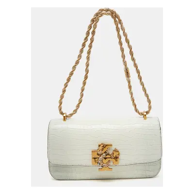 Tory Burch White Croc Embossed Leather Eleanor Dragon Rectangular Shoulder Bag