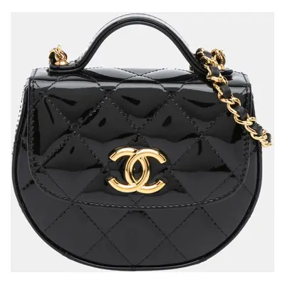 Chanel Black Mini CC Quilted Patent Leather Top Handle Clutch with Chain