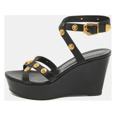 Versace Black Leather Medusa Wedge Sandals Size