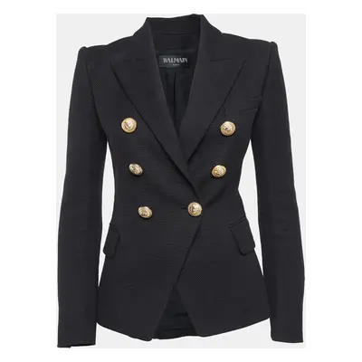 Balmain Black Basketweave Cotton Double Breasted Blazer