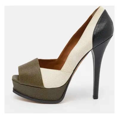 Fendi Tricolor Iguana Leather Fendista Peep Toe Platform Pumps Size