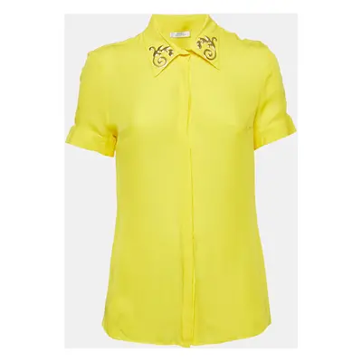 Versace Collection Yellow Embellished Collar Silk Short Sleeve Shirt