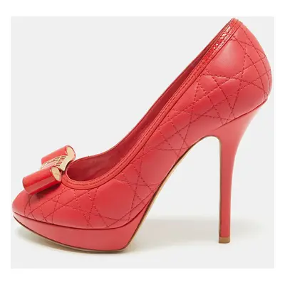 Dior Red Cannage Leather Bow Peep Toe Platform Pumps Size