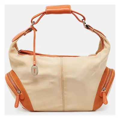 Tod's Beige/Orange Nylon and Leather Charlotte Hobo