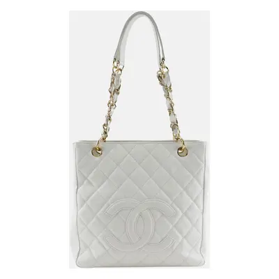 Chanel White Leather Caviar Skin Chain Tote Shoulder Bag