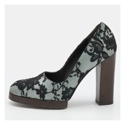 Gucci Black/Grey Floral Lace And Satin Block Heel Pumps Size