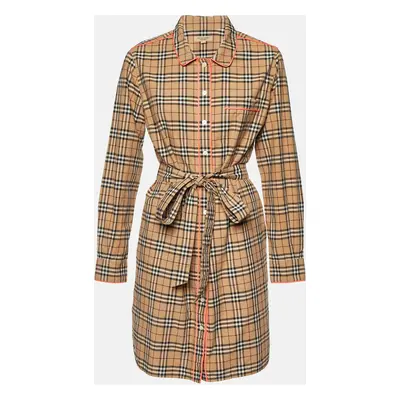 Burberry Beige Plaid Cotton Contrast Trimmed Mini Shirt Dress