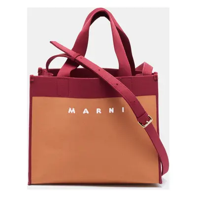 Marni Burgundy/Brown Jacquard Canvas Logo Tote