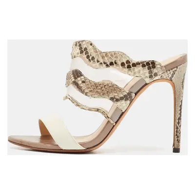 Alexandre Birman Beige/Brown Patent Leather And Python Open Toe Slide Sandals Size