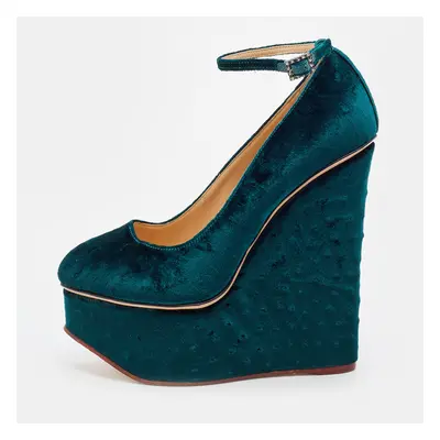 Charlotte Olympia Teal Green Ostrich Effect Velvet Wedge Platform Ankle Strap Pumps Size 37.5