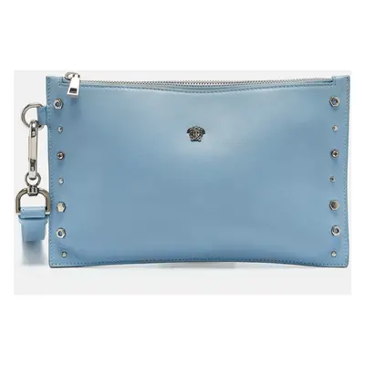 Versace Blue Leather Studded Medusa Wristlet Pouch