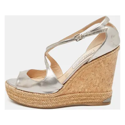 Jimmy Choo Silver Leather Espadrille Wedge Sandals Size