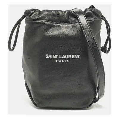 Saint Laurent Black Leather Teddy Drawstring Shoulder Bag