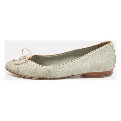 Chanel Pale Green Python Leather CC Bow Cap Toe Ballet Flats Size