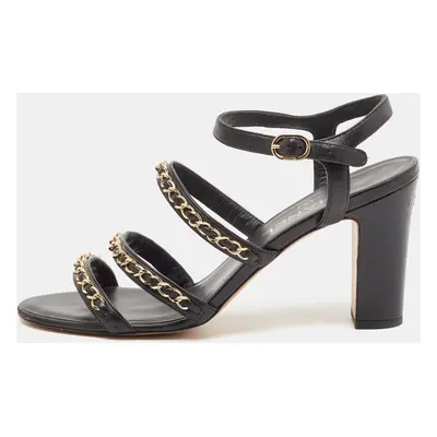 Chanel Black Leather CC Chain Detail Ankle Strap Sandals Size 39.5