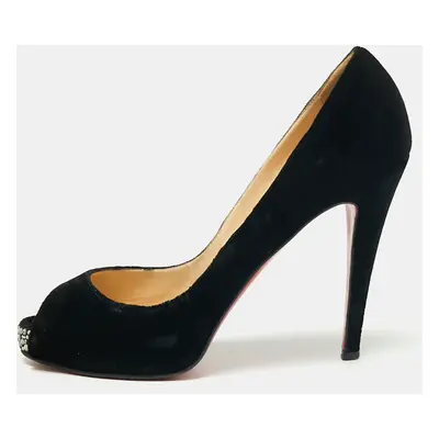 Christian Louboutin Black Velvet Very Prive Crystal Peep-Toe Pumps Size 40.5