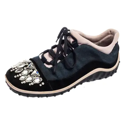 Miu Miu Multicolor Fabric and Suede Jeweled Toe Sneakers Size