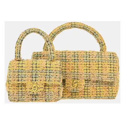 Chanel Yellow Tweed Classic Single Flap In Hand Bag Set