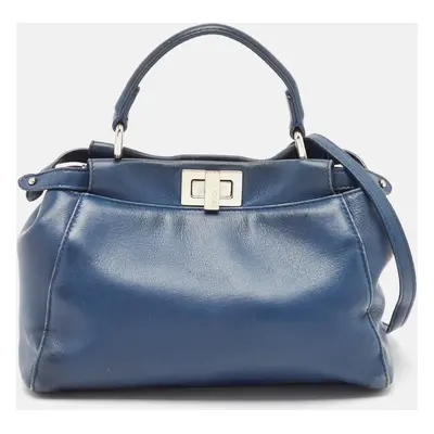 Fendi Navy Blue Leather Mini Peekaboo Top Handle Bag