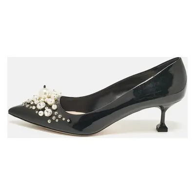 Miu Miu Black Patent Crystal and Pearl Embellished Pointed Toe Pumps Size