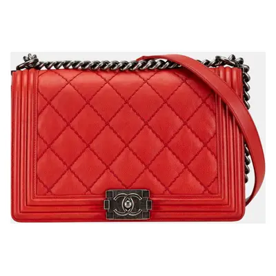 Chanel Red Silver Lambskin Boy Chanel Wild Stitch Coco Mark Chain Shoulder Bag