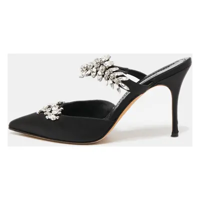 Manolo Blahnik Black Satin Crystal Embellished Lurum Mules Size