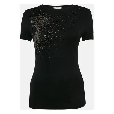 Versace Collection Black Half Medusa Embellished Knit Top