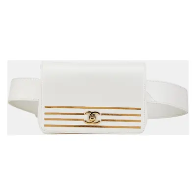 Chanel White Caviar Skin Coco Mark Captain Gold Waist Bag