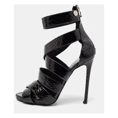 Philipp Plein Black Python Embossed Leather Strappy Sandals Size