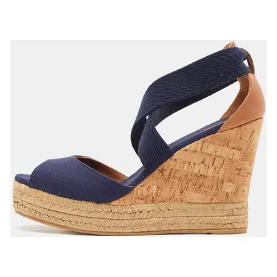 Tory Burch Navy Blue Canvas and Leather Espadrille Platform Cork Wedge Sandals Size