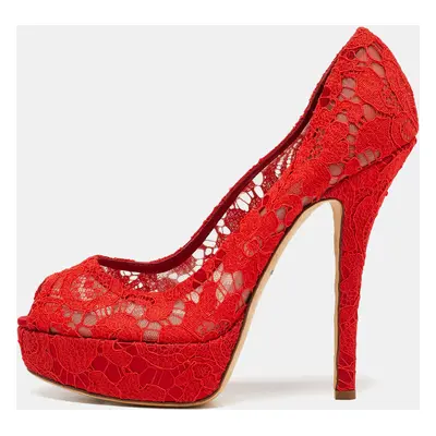 Dolce & Gabbana Red Lace And Satin Peep Toe Platform Pump Size