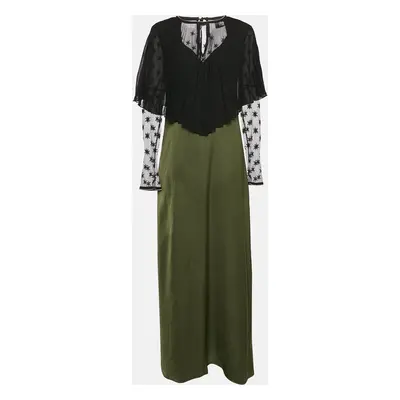 Class by Roberto Cavalli Green/Black Satin and Nylon Pleated Cape Detail Maxi Dress